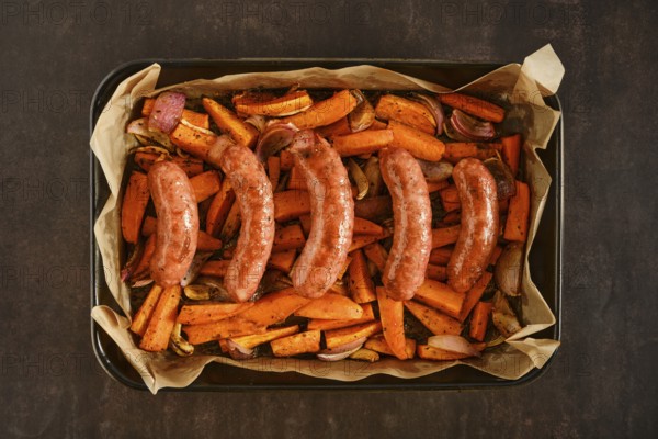 Natural casing sausages in a baking tray with sweet potatoes and onions. The tray contains roasted vegetables. The scene shows food preparation in a kitchen for a meal