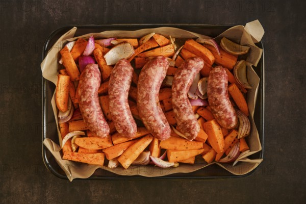 Raw sausages are placed on a baking tray with sliced sweet potatoes, onions, and garlic. The scene shows preparation for roasting in a kitchen. Ingredients are arranged neatly for cooking