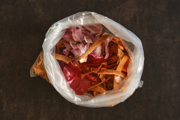 A clear plastic bag holds various vegetable peels and scraps. The bag sits on a dark countertop, showing the colorful waste from food preparation in a kitchen