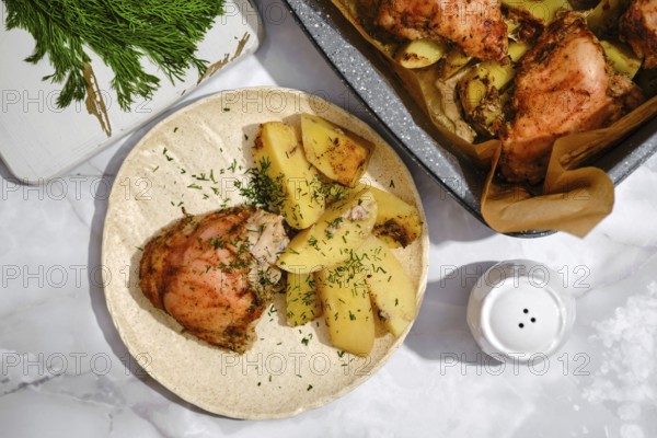 A plate holds pieces of chicken next to sliced and cooked potatoes. Fresh herbs are sprinkled on top. A tray with more chicken and potatoes is nearby. A salt shaker rests on the table
