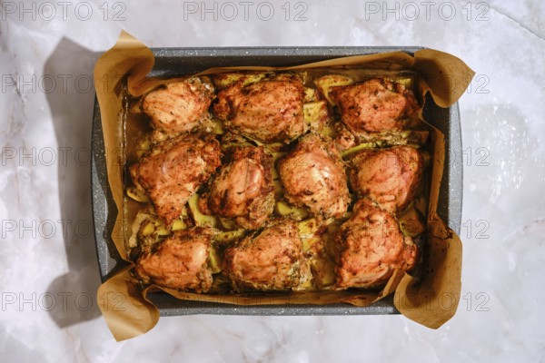 Baking tray with seasoned chicken thighs and sliced potatoes. The dish was roasted in an oven, making a hearty meal for a family gathering. Ingredients are arranged neatly on a kitchen counter