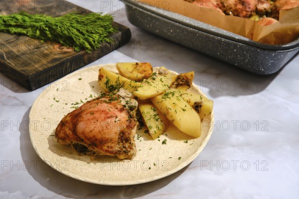 Food is arranged on a plate with roasted chicken and potatoes. Fresh herbs are visible on the food. The dish is placed in a kitchen area with a cutting board and additional food items nearby