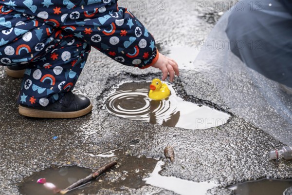 Rose Monday procession in Düsseldorf, parade participant, child playing with plastic ducklings caught as camels on the train, making themselves rainproof, at street carnival, sometimes heavy rain, North Rhine-Westphalia, Germany