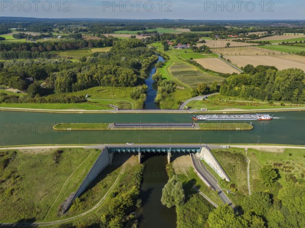 Olfen, North Rhine-Westphalia, Germany - Lippe, foreground canal bridge Lippe Neue Fahrt, Dortmund-Ems Canal (DEK), rear left KLA Dattelner Mühlenbach