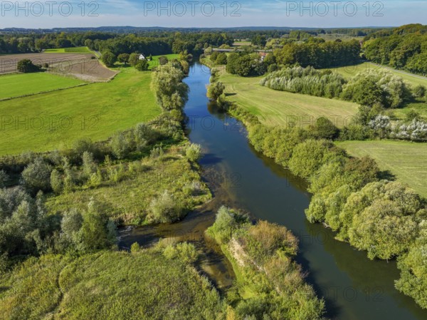 Datteln, North Rhine-Westphalia, Germany - Lippelandschaft, Lippe an der KLA Dattelner Mühlenbach, in front the Dattelner Mühlenbach inlets and purified water outlet KLA