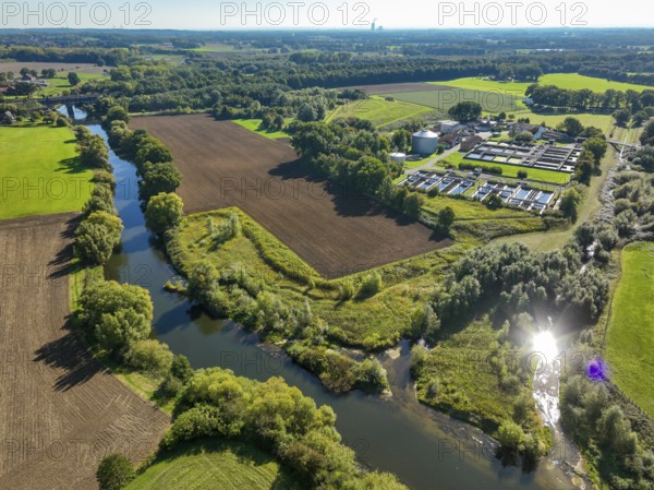 Datteln, North Rhine-Westphalia, Germany - Lippe landscape, wastewater treatment in the Datteln sewage treatment plant, KLA Dattelner Mühlenbach, right Dattelner Mühlenbach, in front of the restored Lippe river