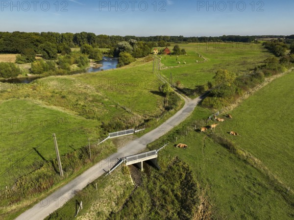 Datteln, North Rhine-Westphalia, Germany - Lippe, river and floodplain development of the Lippe near Haus Vogelsang, a natural river landscape was created here, an intact river-floodplain ecosystem was restored with flood protection through newly designed flooded areas
