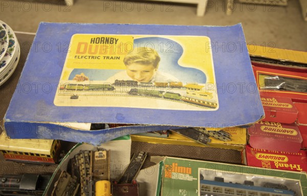 Hornby Dublo Electric Train set box from the 1950s or 1960s, auction lot collection vintage model railway equipment, UK