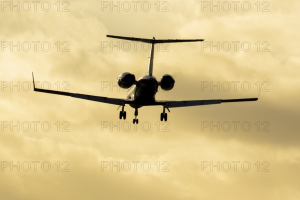 Gulfstream GIV SP XA-FDM executive business jet aircraft in flight on approach to land silhouette at sunset at London Stansted airport, Essex, England, United Kingdom