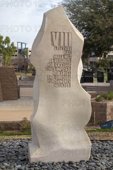 Phoenix, Arizona - The Eighth Amendment in the Bill of Rights Monument in Wesley Bolin Memorial Plaza at the Arizona State Capitol complex. Each of the 10 stones carries the text of one of the first ten Constitutional amendments