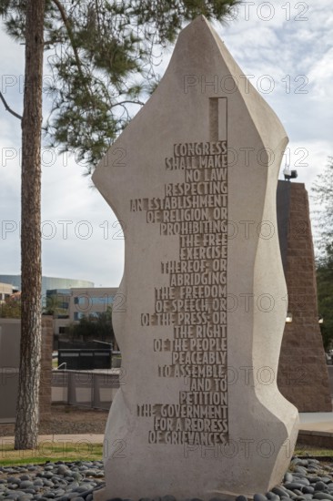 Phoenix, Arizona - The First Amendment in the Bill of Rights Monument in Wesley Bolin Memorial Plaza at the Arizona State Capitol complex. Each of the 10 stones carries the text of one of the first ten Constitutional amendments
