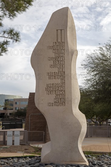 Phoenix, Arizona - The Second Amendment in the Bill of Rights Monument in Wesley Bolin Memorial Plaza at the Arizona State Capitol complex. Each of the 10 stones carries the text of one of the first ten Constitutional amendments