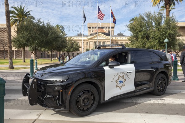 Phoenix, Arizona - Lucid Motors showed its Lucid Gravity electric SUV outfitted as a police car at the Arizona State Capitol. The consumer version of the Gravity is a luxury SUV, with prices starting at $79, 900