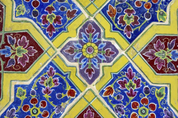 Coloured Bencharong ceramic tiles, circular gallery (Phra Rabieng) around the central chedi, Wat Ratchabophit (full name Wat Ratchabophit Sathit-Mahasimaram Ratcha Wora Maha Viharn), Buddhist temple, Wat, Phra Nakhon district, Bangkok, Thailand