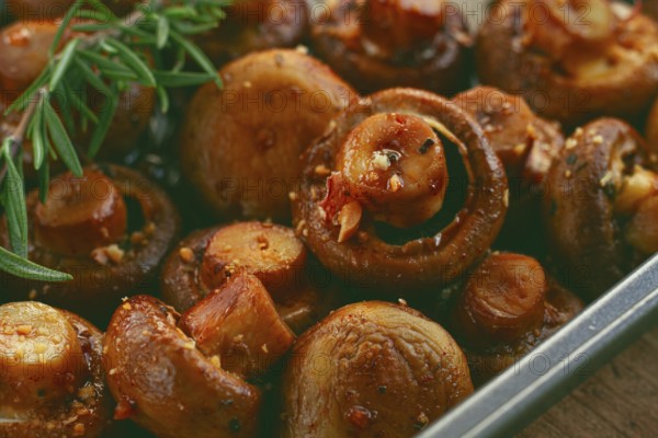 Fried mushrooms, with spices, in soy sauce, vegetarian food, homemade, no people
