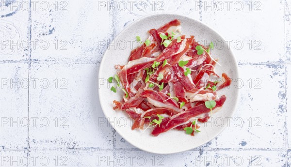Ham of duck breast, dried duck fillet, with microgreens, plate, on a tiled table