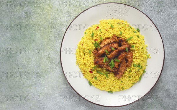 Crispy chicken fillet in soy sauce, with fried rice, homemade, no people