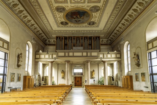 Interior and organ of the Catholic Church of Our Lady in Fürth, Middle Franconia, Bavaria, Germany
