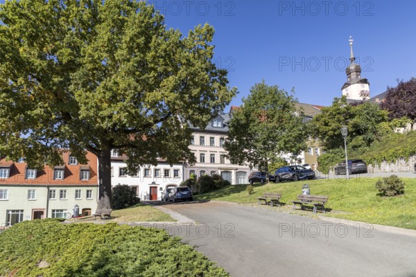 Houses on Altmarkt, St. Christophori church in the background, Hohenstein-Ernstthal, Saxony, Germany