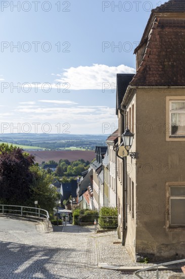 View from the top of the Altmarkt in the distance and down to the Postgut, Hohenstein-Ernstthal, Saxony, Germany