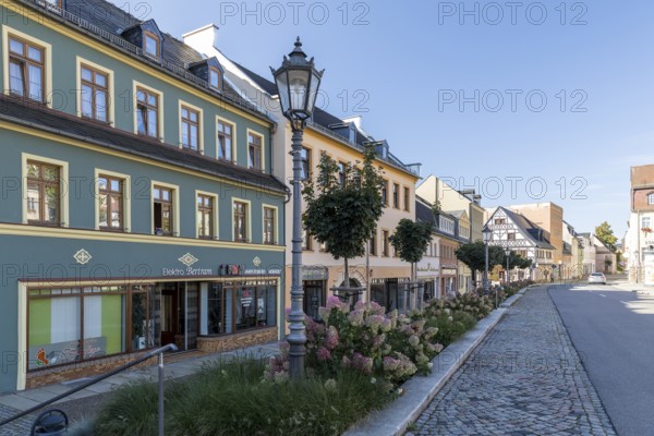 On the Altmarkt, in the background the historic postal goods, Hohenstein-Ernstthal, Saxony, Germany