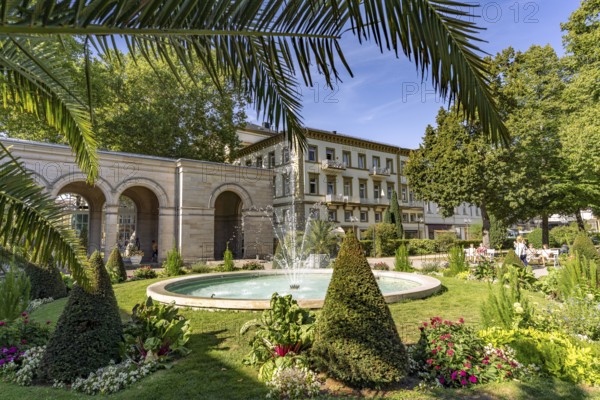 Fountain in the spa garden and arcade construction in the state spa Bad Kissingen, Lower Franconia, Bavaria, Germany