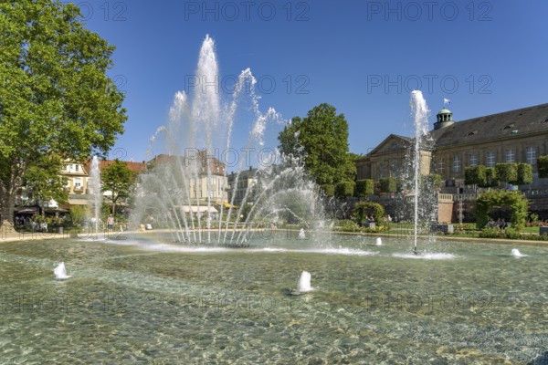 Fountain in the Rosengarten and the Regent Building in the Bad Kissingen State Bath, Lower Franconia, Bavaria, Germany