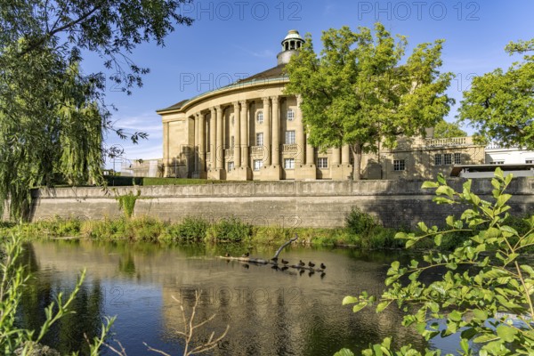 Regentenbau with Franconian Saale in the Bad Kissingen state swimming pool, Lower Franconia, Bavaria, Germany
