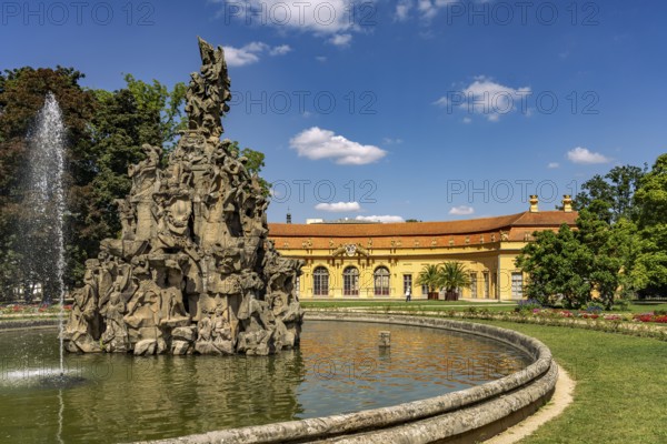 The Huguenot Fountain in the Palace Garden and the Orangery in Erlangen, Middle Franconia, Bavaria, Germany