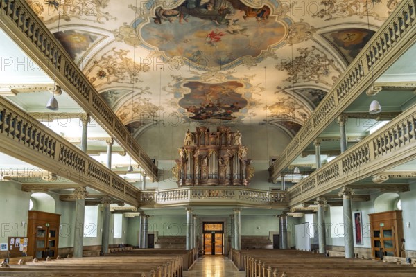 Interior and organ of the Neustädter Kirche in Erlangen, Middle Franconia, Bavaria, Germany