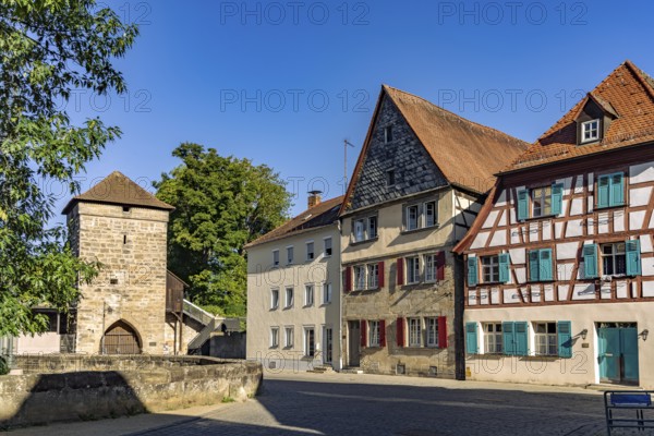 Half-timbered house und Stadttor Saltorturm in the old town of Forchheim, Upper Franconia, Bavaria, Germany