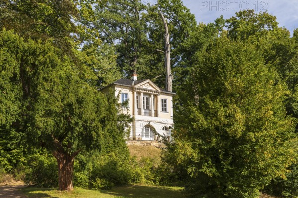 Classicist bathhouse in Reinhardtsgrimma Castle Park, Saxony, Germany