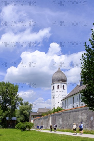 Kloster, Frauenwörth, with church tower, Campanile, Fraueninsel, Chiemsee, Chiemgau, Upper Bavaria, Bavaria, Germany