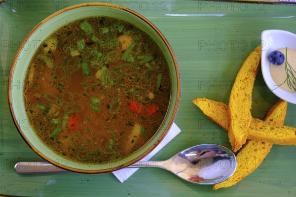 Fischsuppe, Food, Gasthaus zur Lime tree, Fraueninsel, Chiemsee, Chiemgau, Upper Bavaria, Bavaria, Germany