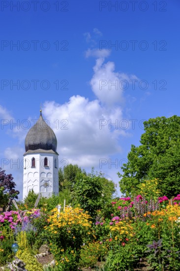 Blumengarten mit Klosterkirche, Campanile, Fraueninsel, Chiemsee, Chiemgau, Upper Bavaria, Bavaria, Germany