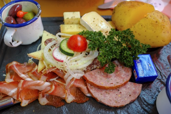 Snack platter, food, Hütte Kasermandl, Penken, near Mayrhofen, Zillertal, Tyrol, Austria