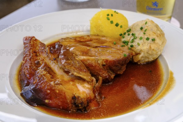 Pork patties with dumplings, food, Klostergasthaus, Maria Eck, bei Siegsdorf, Chiemgau, Upper Bavaria, Bavaria, Germany
