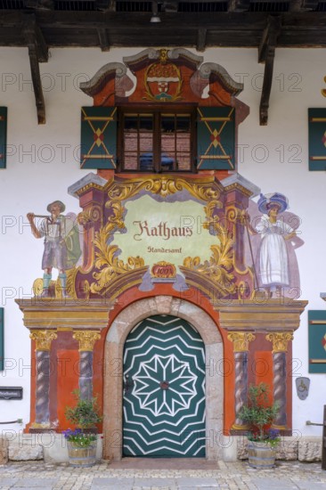 Lüftlmalerei, mock architecture, frescoed town hall, Ruhpolding, Chiemgau, Upper Bavaria, Bavaria, Germany