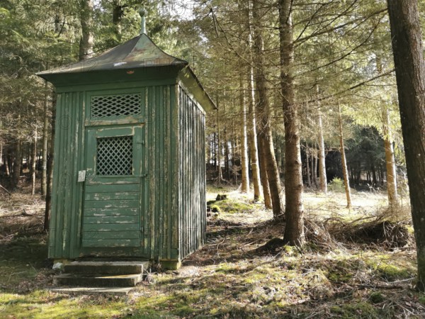 Small green wooden chapel in the forest in sunshine, hiking in the Franconian Forest nature park Park, Upper Franconia