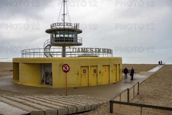 Winter break, on Zeedijk-Knokke, beach promenade in Knokke-Heist, main rescue station Veiligheids Post, dreary winter day, Belgium