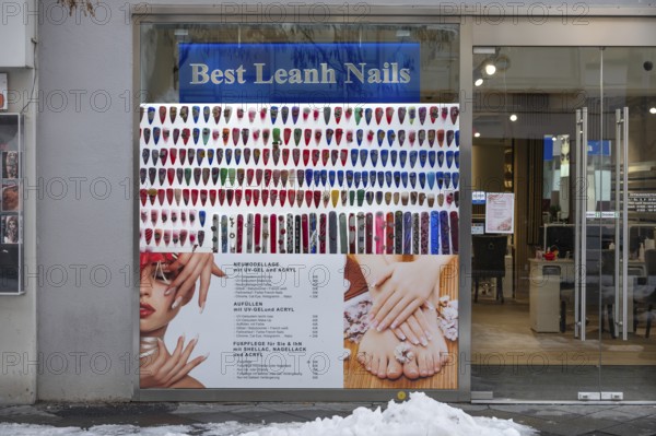 Window of a nail salon, Nuremberg, Middle Franconia, Bavaria, Germany