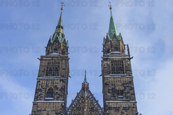 Towers of the Gothic Church of St. Lorenz, Nuremberg, Middle Franconia, Bavaria, Germany