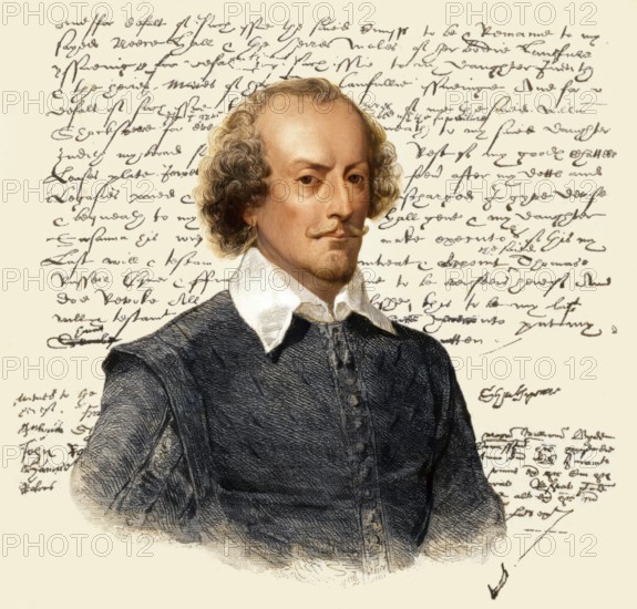 Portrait and facsimile of the testament of William Shakespeare, 1564 - 1616, English playwright, poet and actor