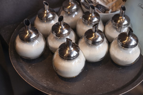 Sugar bowls on a tray in a café, Nürfnbertg, Middle Franconia, Bavaria, Germany