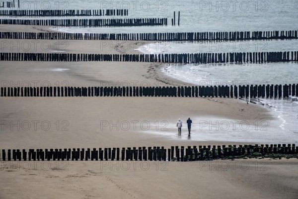Coastal protection, through wooden posts, paalhoofden, on the beach, breakwater, the piles, some of which are rammed into the sandy soil in double rows, slow down the waves and ocean currents and thus slow down the flow rate of seawater, so less sand is washed away from the stand, near Westkapelle, Walcheren peninsula in the Dutch province of Zeeland