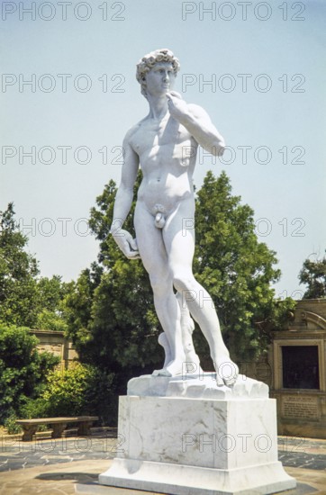 Full-scale marble replica of Michelangelo's David, located in the Court of David at Forest Lawn Memorial Park, Glendale, California, USA 1977