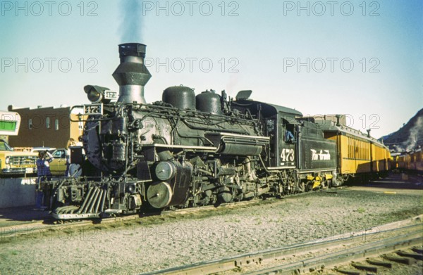 Locomotive #473, a historic narrow-gauge steam engine, Denver and Rio Grande Western Railroad, Durango, Colorado, USA 1977