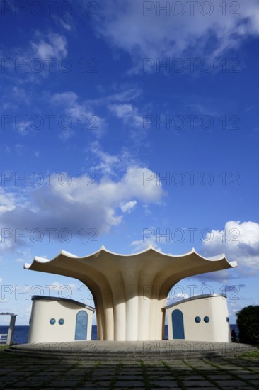 Kurmuschel bandstand, Sassnitz, architect Ulrich Müther, Rügen island, largest and most populous German island.Baltic Sea coast, Baltic Sea, Mecklenburg-Western Pomerania, Germany, Northern Europe