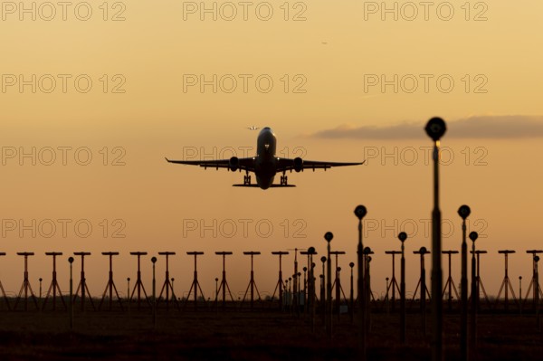 Boeing 737 commercial passenger airliner jet aircraft of Ryanair airlines in flight taking off at sunset at London Stansted airport, Essex, England, United Kingdom