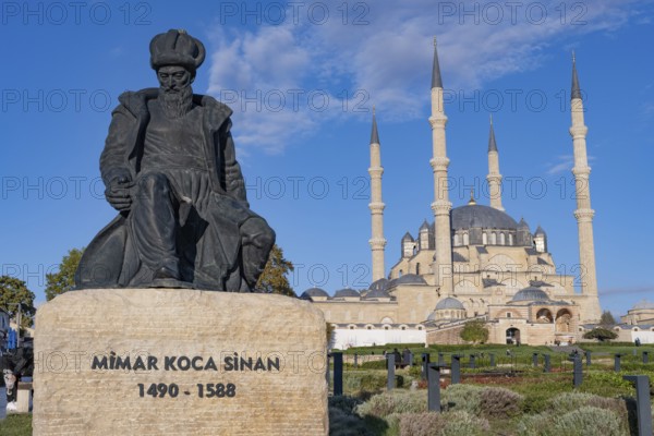 Edirne, Turkey. October 4th 2025. The Ottoman imperial Selimiye Mosque an iconic landmark of the Turkish city of Edirne with a statue of Islamic architect Mimar Sinan Turkey